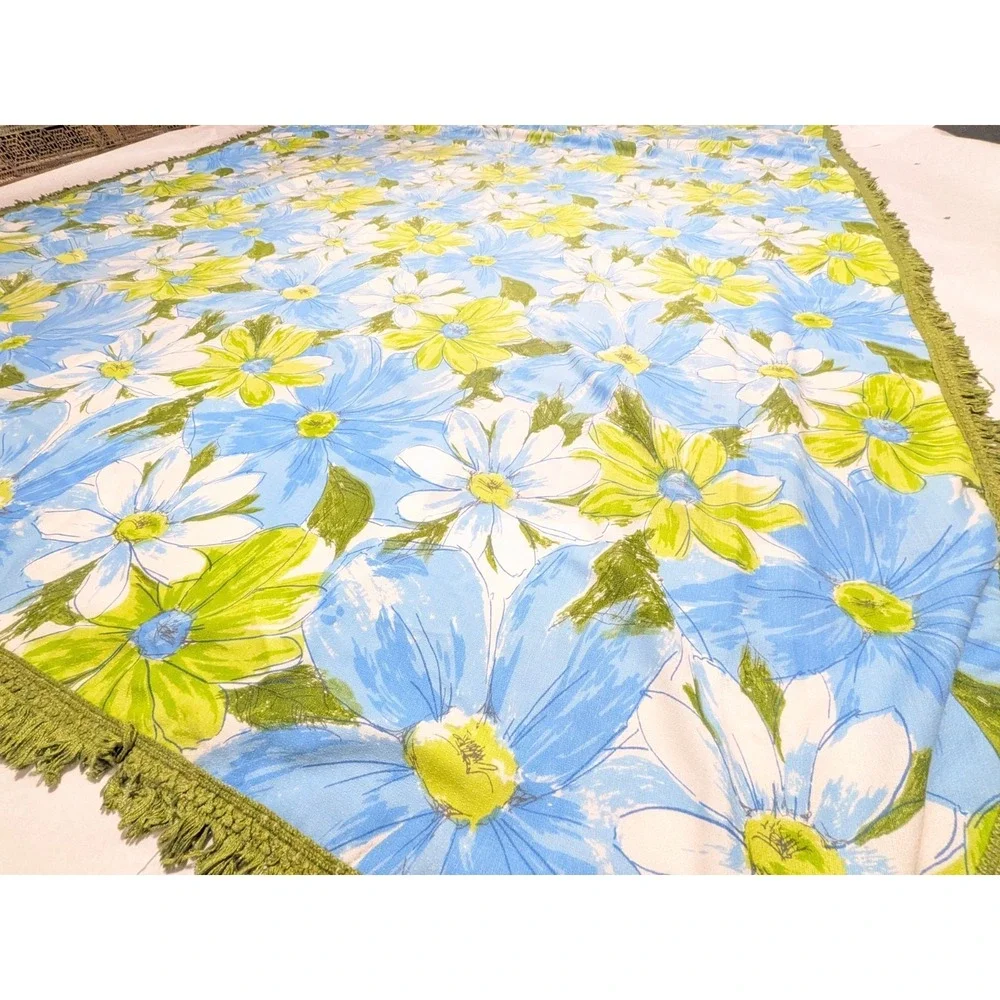 VTG Cannon Royal Family Queen Bedspread Mod 60s 70s Floral Fringe Green Blue